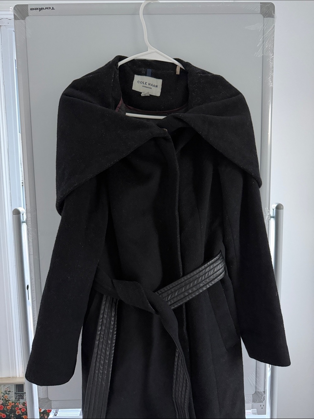 Cole Haan Black Wrap Trench Coat with Quilted Belt